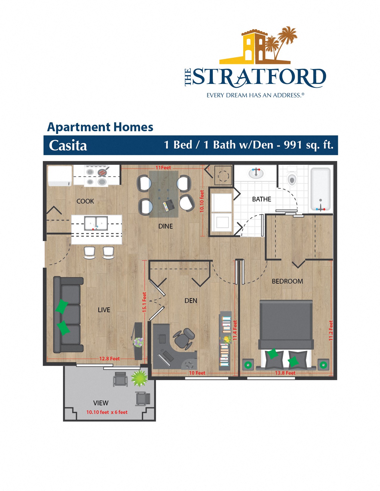 Floor plan for 1 bed, 1 bath, 991 sqft